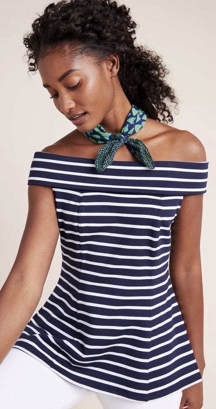 Maeve by Anthropologie Structured Off-The-Shoulder Top Blue White Stripes size L